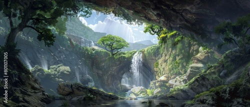 A lush green forest with a waterfall and a tree in the middle