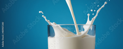 A close-up of a glass filled with fresh milk. A stream of milk is pouring into the glass, creating a splash and splash. Blue background photo