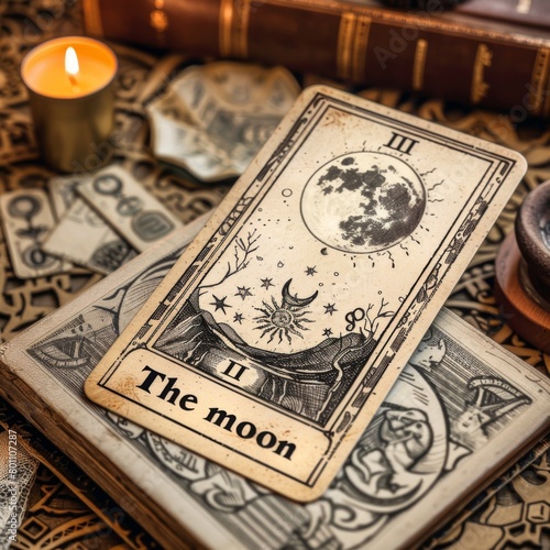 tarot card moon on cozy background