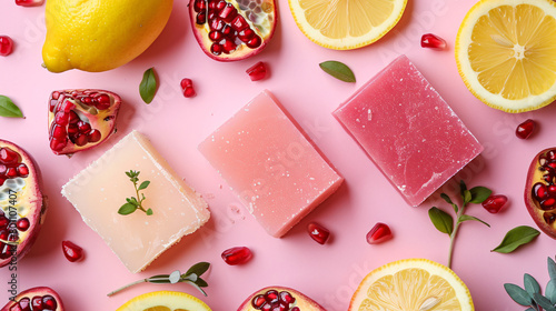 Solid colorful shampoo bars with lemon and pomegranate