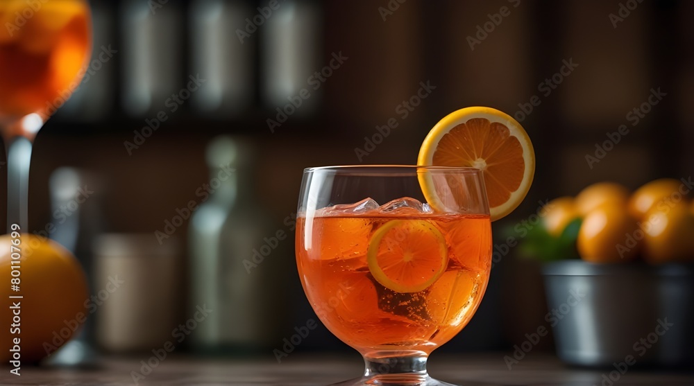 Aperol spritz cocktail in wine glass with sparkling wine, liqueur, ice cubes and red orange - summer Italian low alcohol cold drink, gray stone bar counter background with tools, selective focus.gener Aperol spritz cocktail in wine glass with sparkling wine, liqueur, ice cubes and red orange - summer Italian low alcohol cold drink, gray stone bar counter background with tools, selective focus.gener