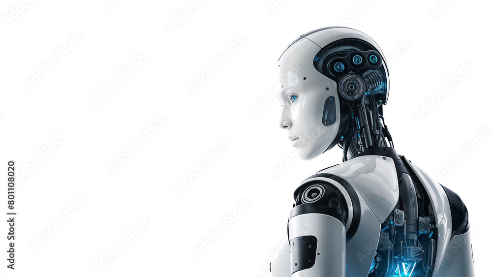 Side Portrait of a Futuristic Artificial Intelligence Robot with Advanced Mechanical Details Isolated on White Background. Side Portrait of a Futuristic Artificial Intelligence Robot with Advanced Mechanical Details Isolated on White Background.