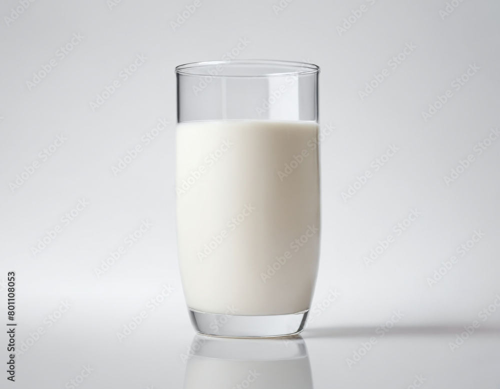 A transparent glass filled with milk stands against a white background. A transparent glass filled with milk stands against a white background.