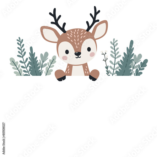 Vector banner in children's style. Cute reindeer looking out from behind the banner, plants and flowers in Scandinavian style . Vector illustration