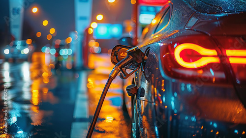 Refueling a car at a gas station, a fuel nozzle in close-up under the headlights