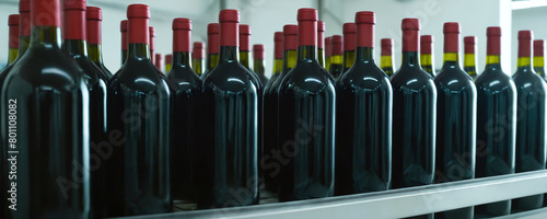 Bottles of red wine with burgundy caps, lined up in a row and displaying a wide range. 