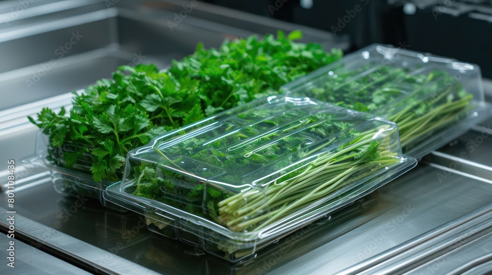 Watercress in transparant package, kitchen background setting Watercress in transparant package, kitchen background setting