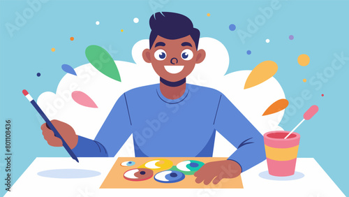 The mans eyes light up with excitement as he mixes different colors together on the canvas during his art therapy session finding joy in the process.
