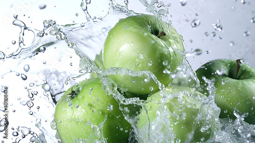 Ripe green apples in a splash of water close-up, dynamic image