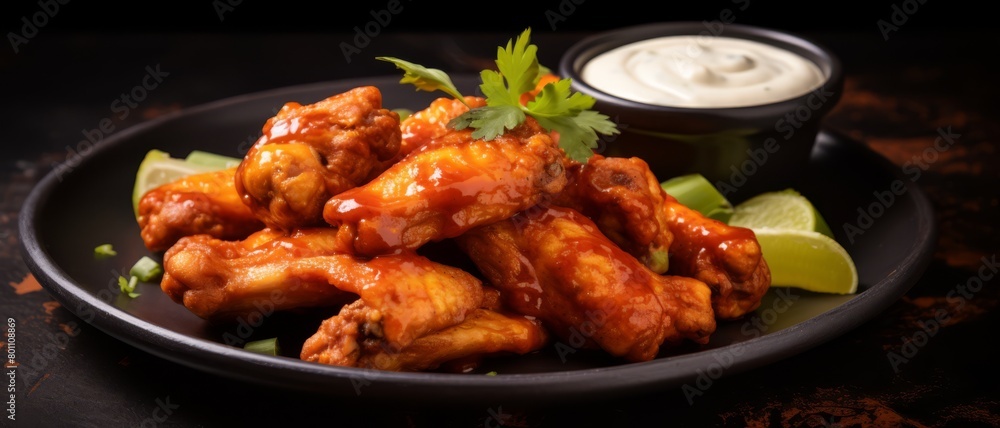 Sizzling hot wings plate with a side of creamy dip, close-up on a dark slate background,