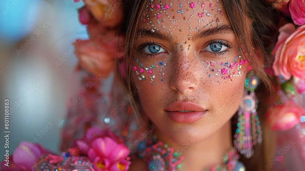 Close-Up Portrait of a Young Woman with Floral Embellished Makeup and Jewelry
