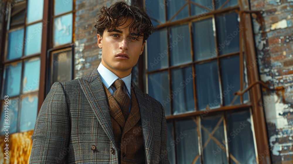 Stylish Young Man in Plaid Suit Against Industrial Window Backdrop Stylish Young Man in Plaid Suit Against Industrial Window Backdrop