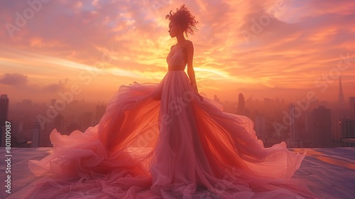 Ethereal Sunset Fashion Shoot with Flowing Gown on City Rooftop