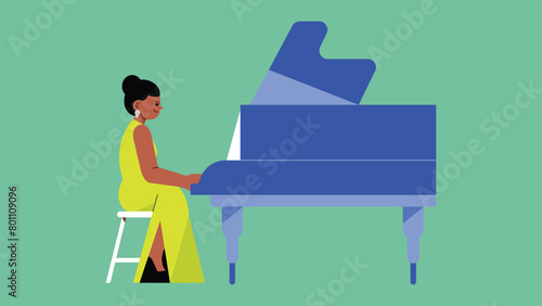 Pianist female character playing musical composition on grand piano for symphonic orchestra or opera performance on stage. talented woman artist performing on scene. cartoon vector illustration