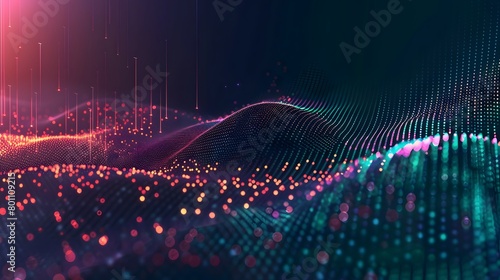 Data sorting flow process. Big data stream futuristic infographic. Colorful particle wave with bokeh
