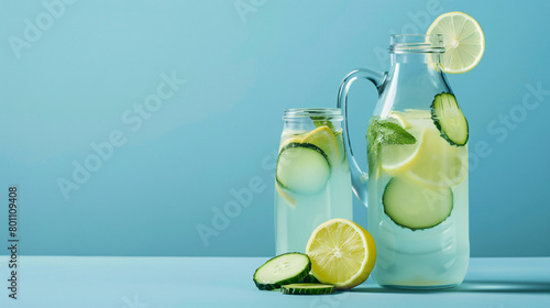 Sports bottle and jug of lemonade with cucumber 