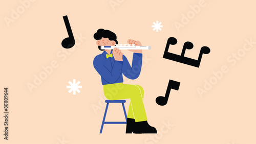 Man sitting on stage in lotus position and plays flute creating music on musical instrument