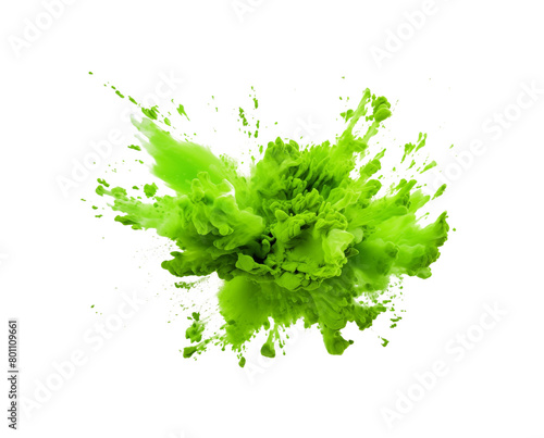 Vibrant green paint explosion, resembling a blooming flower, with splashes and droplets, isolated on transparent background. Generative AI
