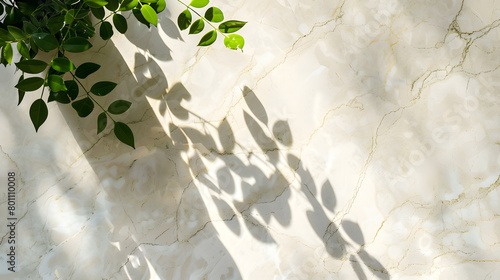 Minimal empty white marble stone counter table top, green tree in sunlight, leaf shadow on beige brown marble background. Generative AI.