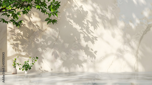 Minimal empty white marble stone counter table top, green tree in sunlight, leaf shadow on beige brown marble background. Generative AI.