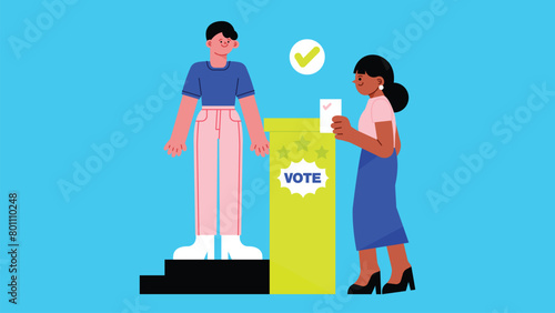 Casting ballot at polling station. Vector illustration in flat style. Casting ballot at polling station. Man and woman putting ballot papers in the box. Voting and election concept. Vector