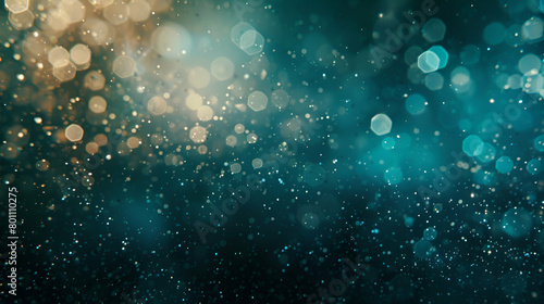 Glittering light header poster banner backdrop with a dark grainy background and a blurred abstract gradient of white, teal, blue, and black