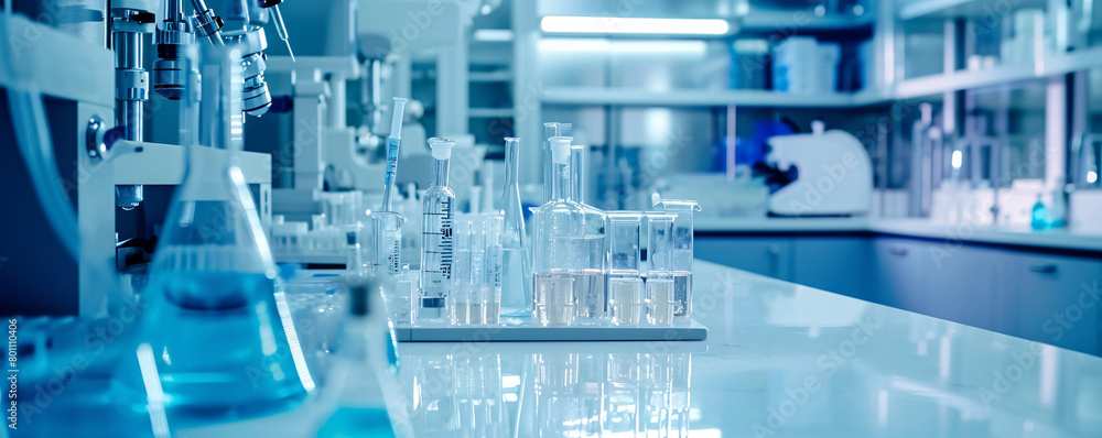 A modern laboratory filled with scientific glassware and high-tech equipment, showcasing a sterile and precise research environment A modern laboratory filled with scientific glassware and high-tech equipment, showcasing a sterile and precise research environment