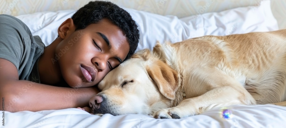 Young man and dog peacefully sleeping together on a white bed in a cozy home setting Young man and dog peacefully sleeping together on a white bed in a cozy home setting