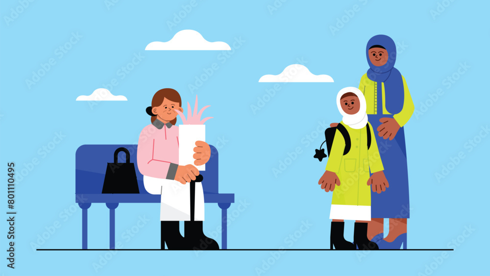 Woman Elderly People Sitting Standing Inside In Public Transport. woman and little girl Vector Illustrations