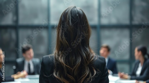 A woman with long hair sits at a table with other people