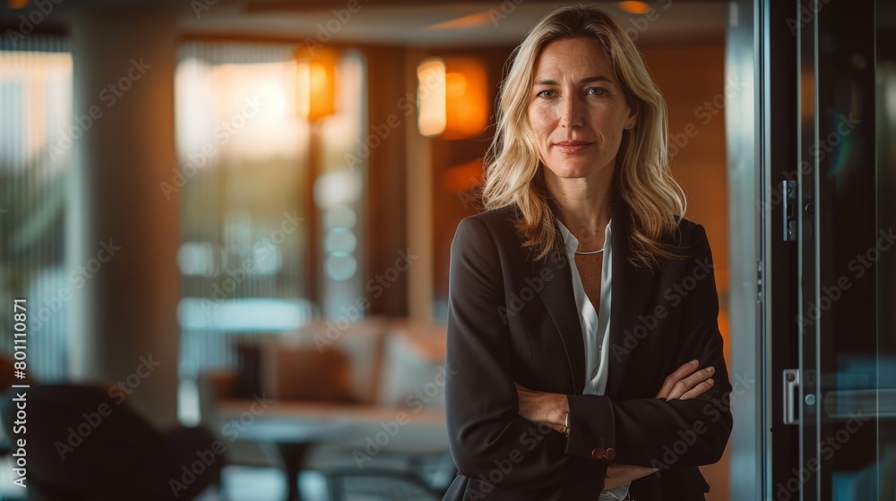 A woman in a business suit stands in front of a window A woman in a business suit stands in front of a window