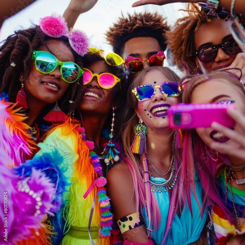 A group of people wearing colorful clothing and sunglasses are taking a selfie © tope007