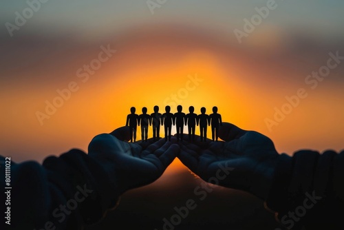 A group of people are holding hands in a circle, with the sun in the background