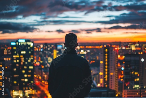 A man stands in the city looking out over the skyline
