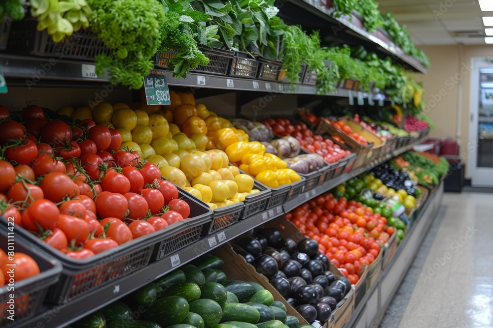 A produce section of a grocery store with a variety of fruits and vegetables