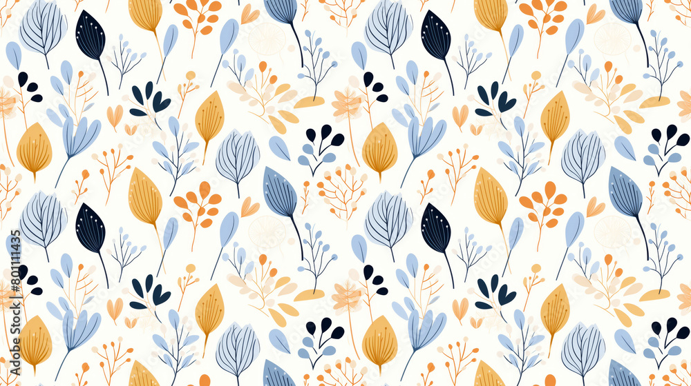 A seamless pattern of hand-drawn leaves and flowers in a simple, modern style. The colors are blue, orange, and yellow on a white background. A seamless pattern of hand-drawn leaves and flowers in a simple, modern style. The colors are blue, orange, and yellow on a white background.