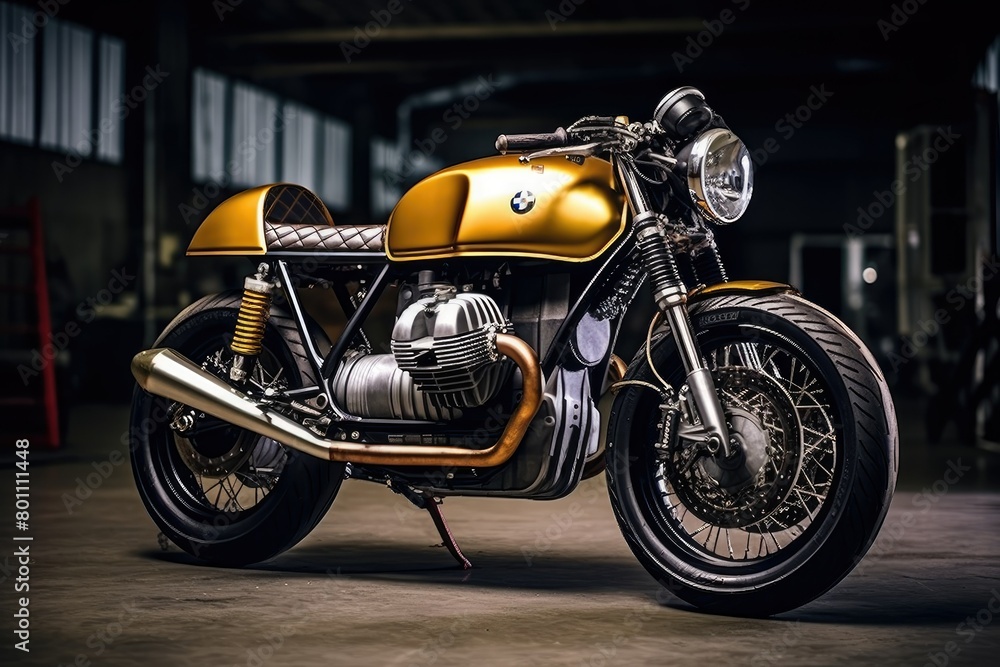 A stylish cafe racer motorcycle in black and gold colors parked neatly inside a garage, ready for its next ride. Generative AI A stylish cafe racer motorcycle in black and gold colors parked neatly inside a garage, ready for its next ride. Generative AI