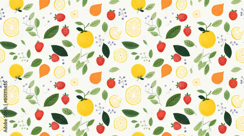 A seamless pattern of hand-drawn lemons, strawberries, and leaves. A seamless pattern of hand-drawn lemons, strawberries, and leaves.