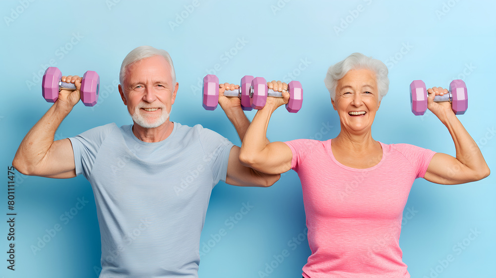 Senior Caucasian man and woman doing exercise with dumbbells