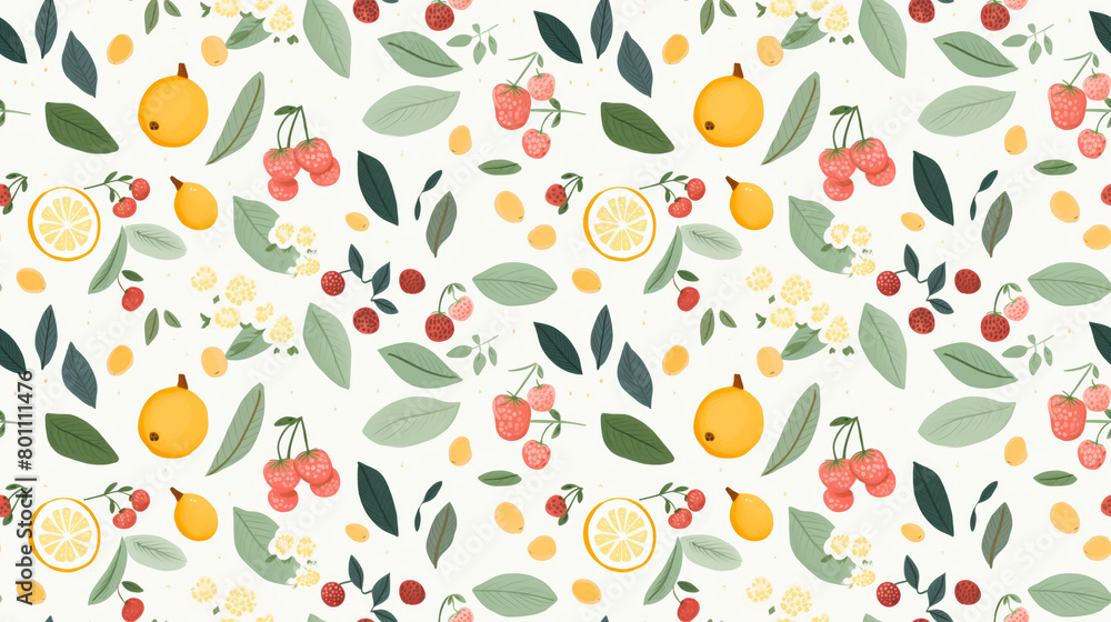 A seamless pattern of hand-drawn lemons, strawberries, and leaves.