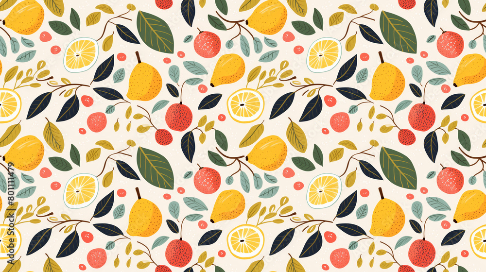 A seamless pattern of hand-drawn lemons, leaves, and flowers in a folk art style. A seamless pattern of hand-drawn lemons, leaves, and flowers in a folk art style.