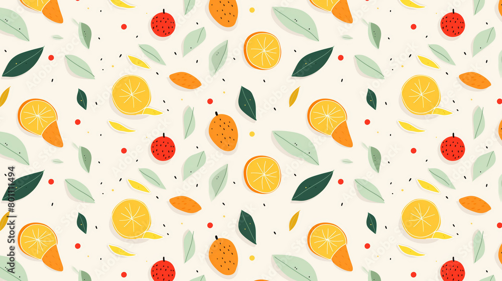 A seamless pattern of hand-drawn oranges, strawberries, and leaves A seamless pattern of hand-drawn oranges, strawberries, and leaves