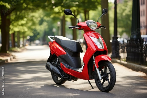 A vibrant red scooter parked neatly on the side of a city street, ready for its next ride. Generative AI