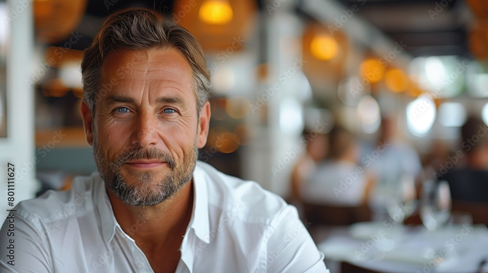Obraz premium Close-up of a CEO of a construction company who looks confused and questions himself while looking to the right, around a table in a bright white restaurant