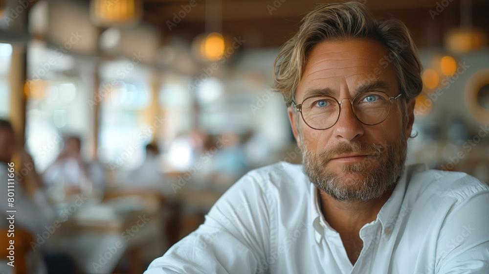 Close-up of a CEO of a construction company who looks confused and questions himself while looking to the right, around a table in a bright white restaurant Close-up of a CEO of a construction company who looks confused and questions himself while looking to the right, around a table in a bright white restaurant