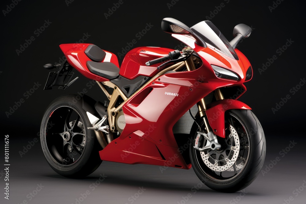 A sleek and aerodynamic red motorcycle is parked in a dark room, its shiny body reflecting the dim light. Generative AI A sleek and aerodynamic red motorcycle is parked in a dark room, its shiny body reflecting the dim light. Generative AI