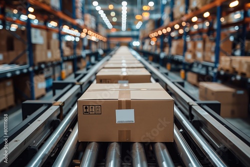 conveyor belt in a distribution warehouse with row of cardboard box packages for e-commerce