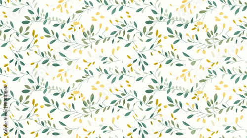 A seamless pattern of hand-painted leaves and berries in muted colors.