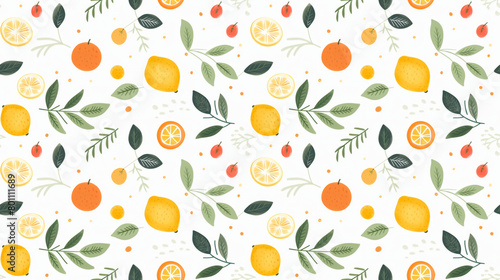 A seamless pattern of hand-painted lemons, oranges, and leaves. photo