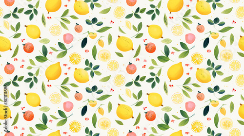 A seamless pattern of hand-painted lemons  strawberries  and leaves.